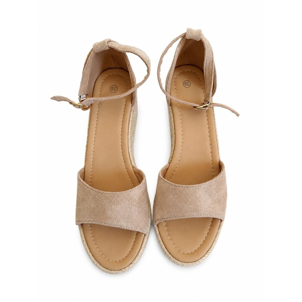 Womens Taupe Suede Espadrille Wedge Sandals Ankle Strap Open Toe Size 38